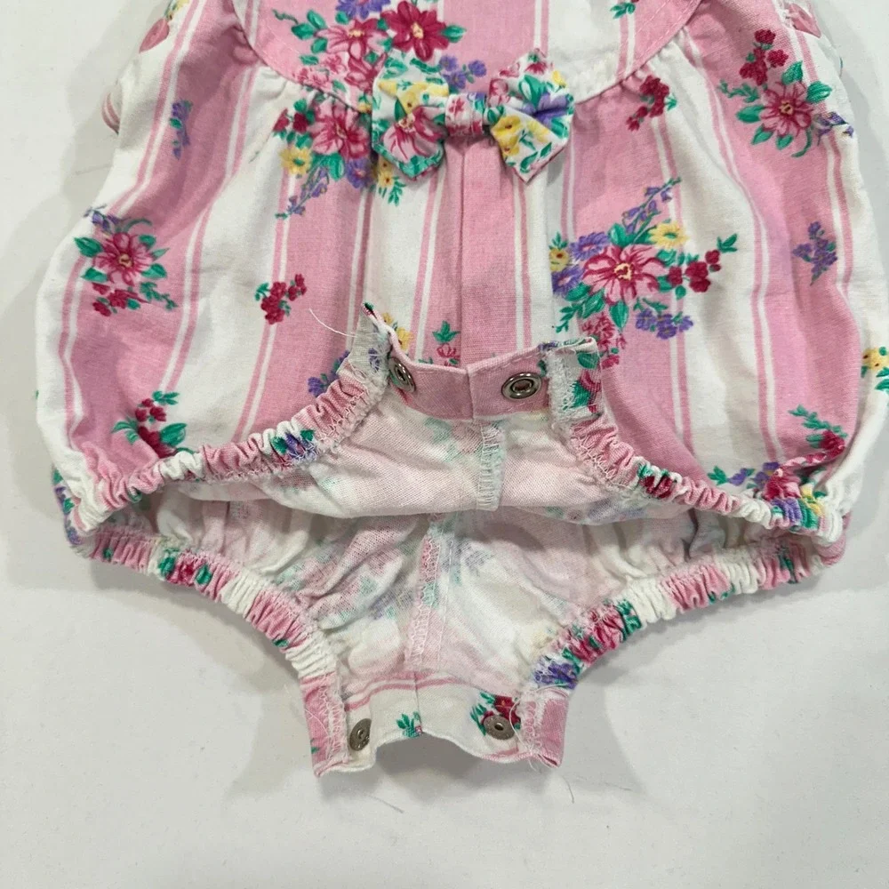 OshKosh Baby B'gosh Floral Striped‎ Romper Baby 3/6M Pink Bow Detail Cottagecore